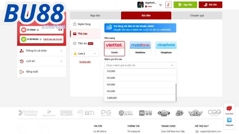Rút Tiền Bu88 Qua Hình Thức Thẻ Cào Điện Thoại